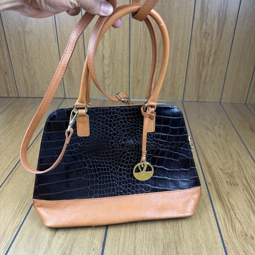Valentina Pebbled /Croc Brown Leather Dome Double Handle & Zip Bag  Purse  Italy